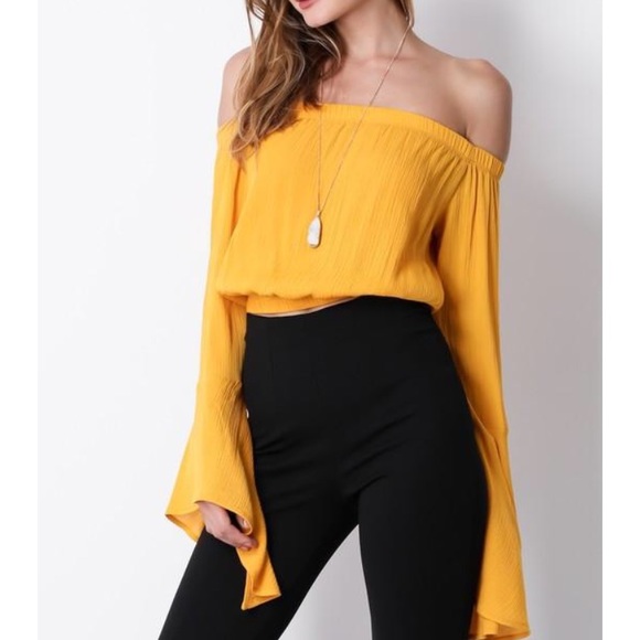 Tops - Bardot crinkle top with bell sleeves